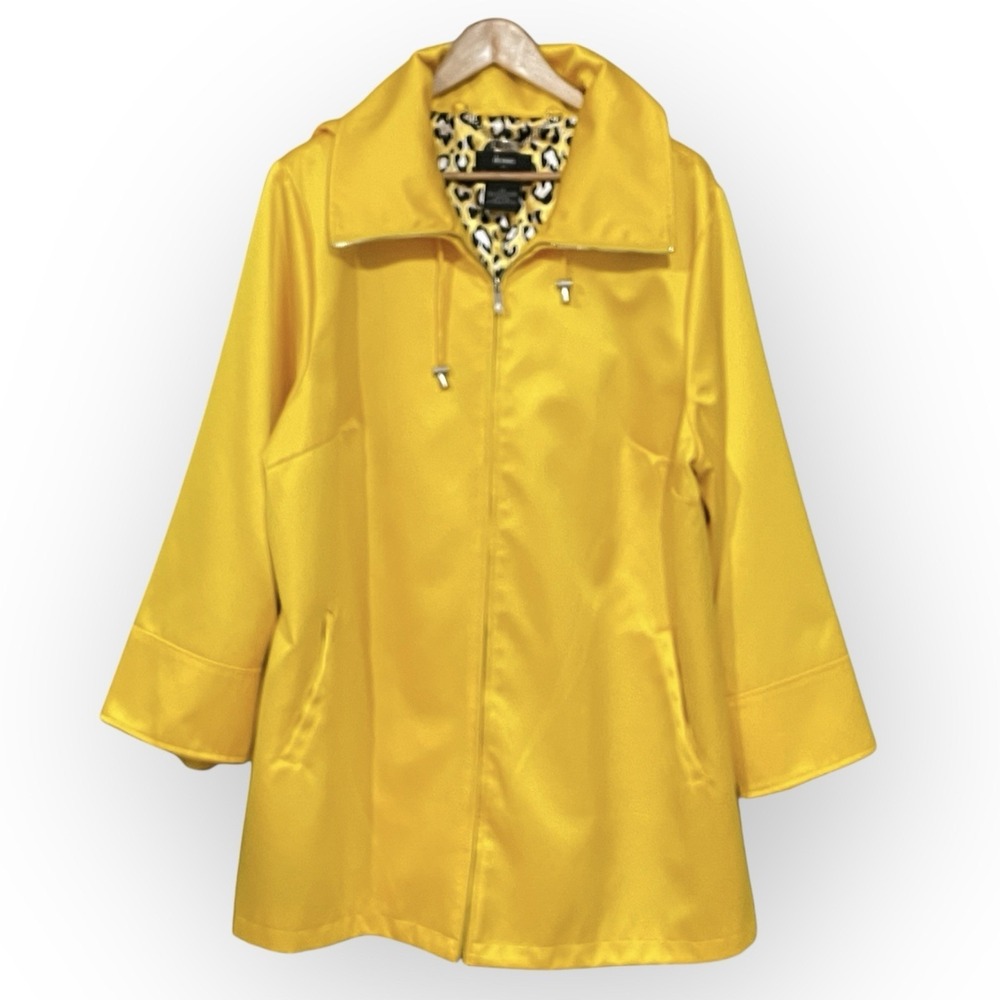 Dennis Brasso Yellow Satin Rain Trench Coat Womens 2X Maximalist Removeable Hood